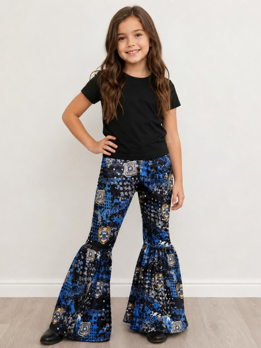 Girls Police Badge Bell Bottom Pants Size 8-9T 4XL Blue Black Flare Costume